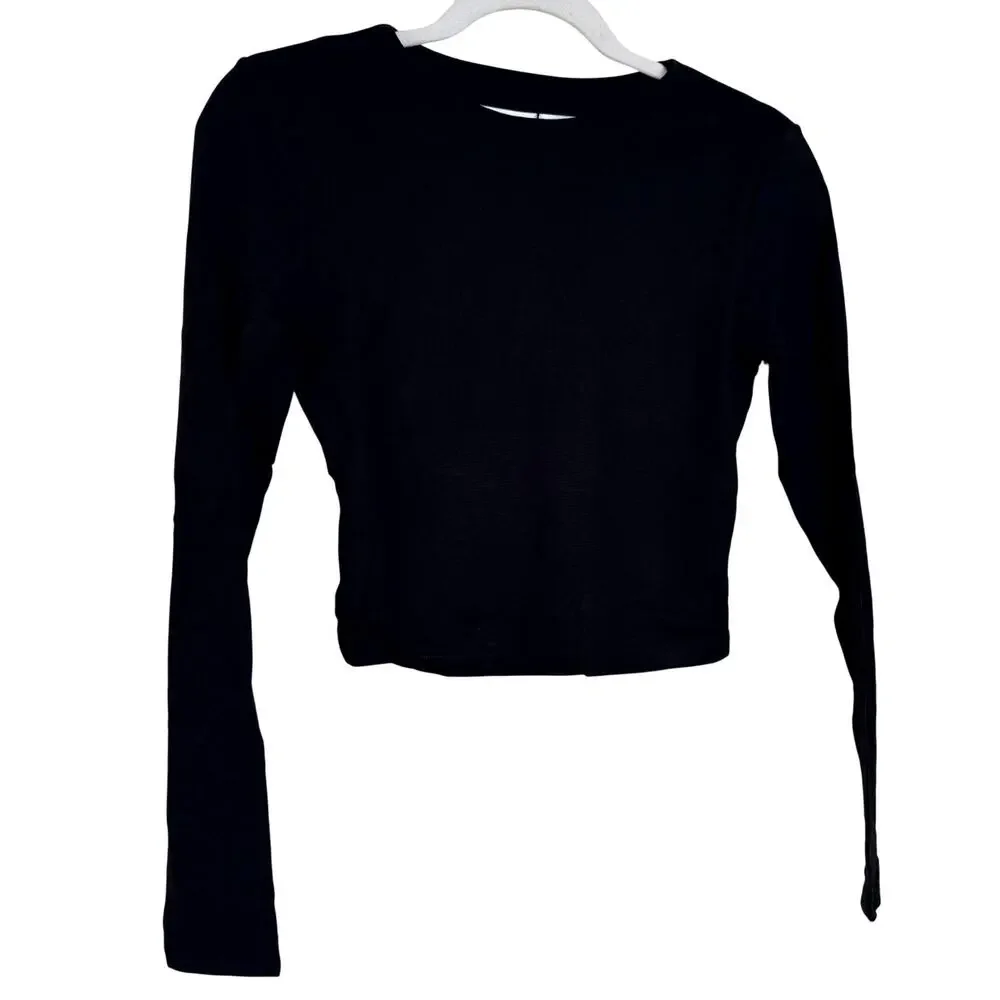 Susana Monaco Long Sleeve Crewneck Crop Top - Black NWT Size Large